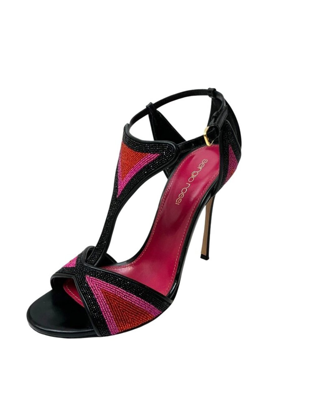 SERGIO ROSSI Spring Summer 2014 Leather Beaded Geometric T-Strap Sandals sz 7